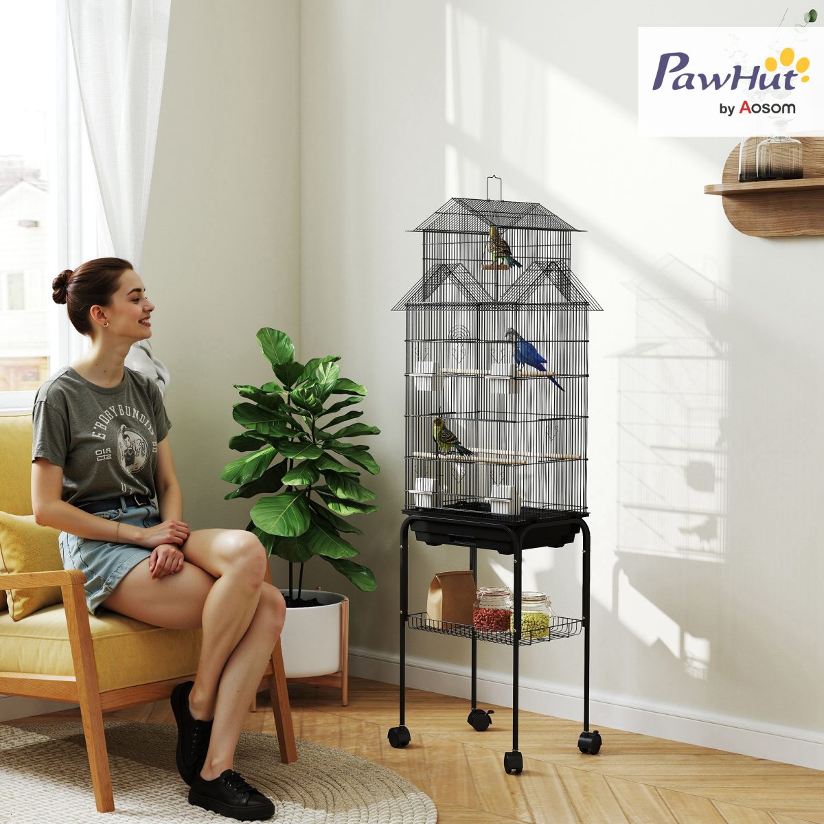 PawHut Metal Bird Cage With Plastic Swing, Perch, Food Container, Tray, Handle, For Finches, Canaries, Budgies, 43 X 32.5 X 163