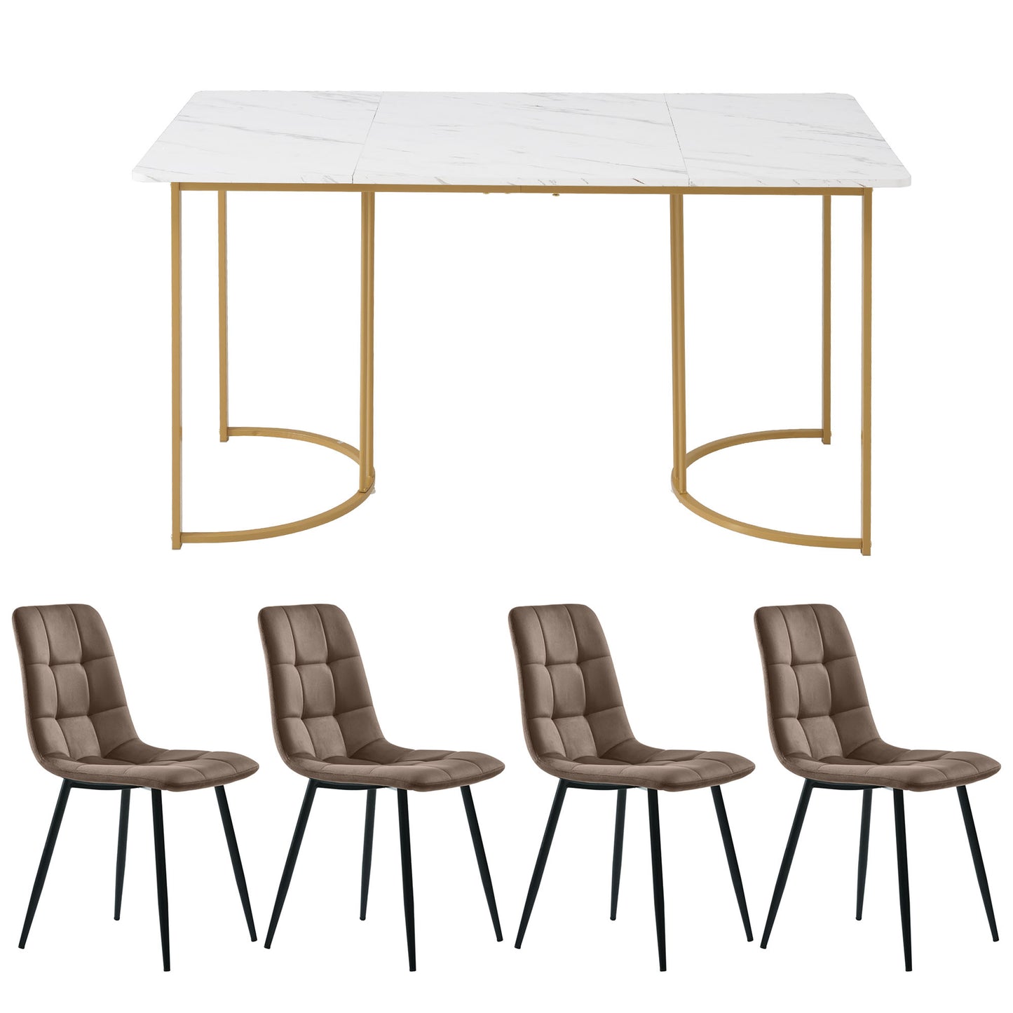 Dining Group 5-Piece,Dining Table With 4 Chairs Set, Modern Kitchen Table Set, 140x80cm Kitchen Table With Golden Metal Legs, MDF Table Top In White,Brown Velvet Dining Chairs