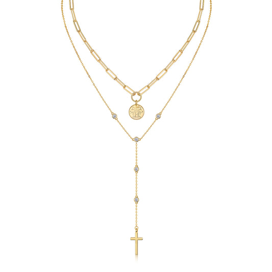 S925 Silver Gold Plated Layered Necklace, Paperclip Coin & Cross Y-Drop, 0.1ct D-VVS1 Moissanite, 14.4g Jewelry Gift Box