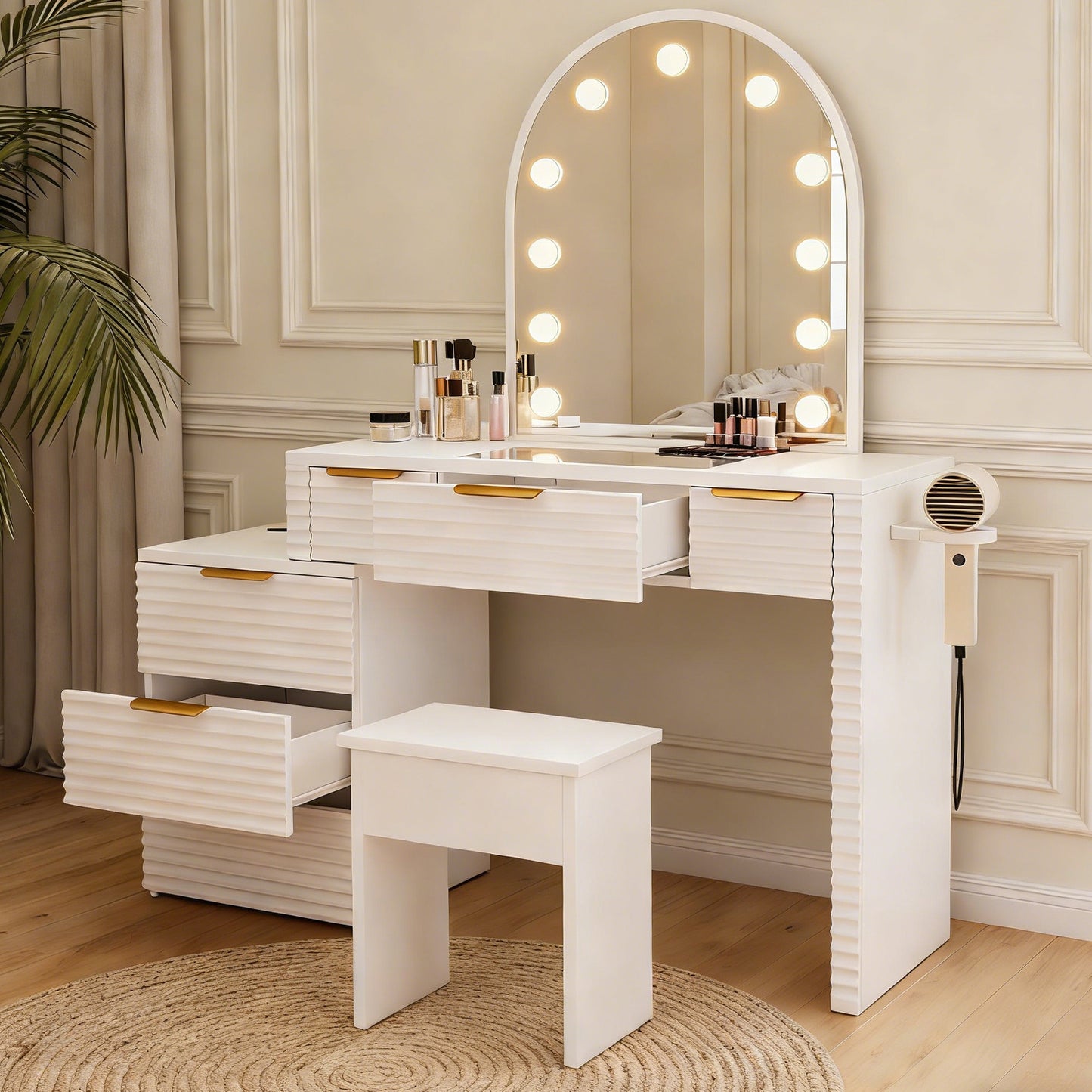Makeup Vanity Desk With Mirror Lights Glass Tabletop 3 Lighting Modes Adjustable Vanity Table Modern Makeup Desk With Chair Power Outlet And 6 Drawers For Bedroom
