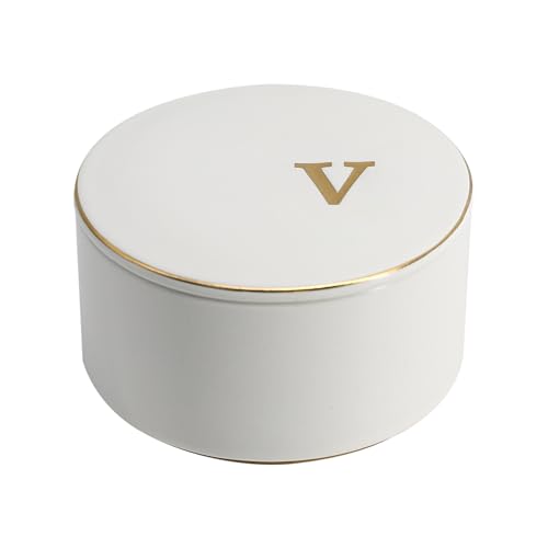 COLLECTIVE HOME - Ceramic Jewelry Box, Elegant Embossed Jewelry Holder, Trinket Organizer with Gold Monogram Lid, Storage ...