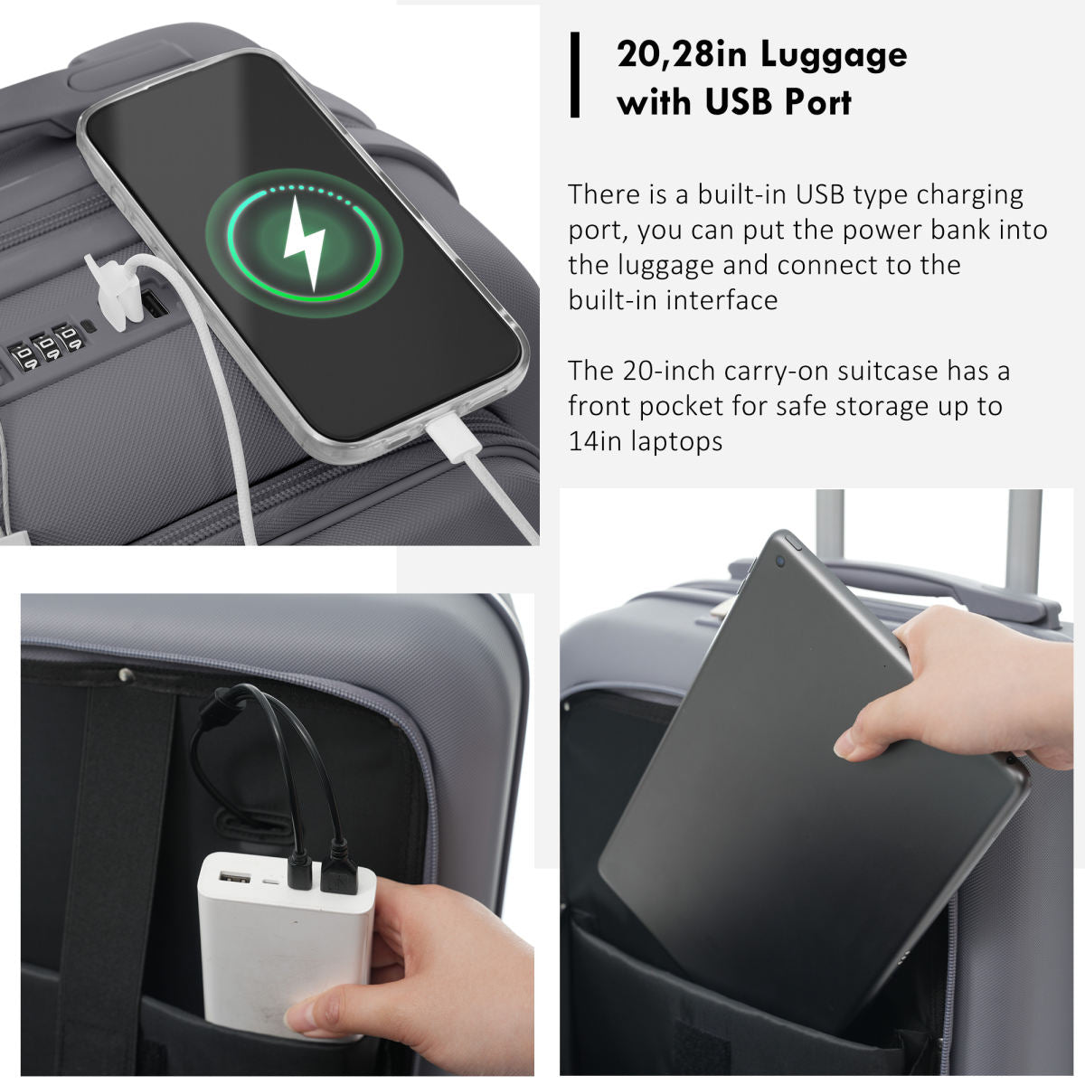 4-Piece Luggage Set with USB Charging Ports - 20in Carry-On (Front-Opening for Laptop) 28in Checked Suitcase with TSA Lock Travel Duffel Bag Wet-Dry Toiletry Bag, grey