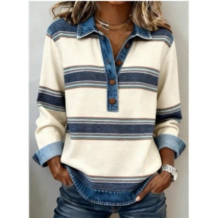 Korean-Style Striped Cable-Knit Preppy-Style Badge Lapel Knit Sweater For Women