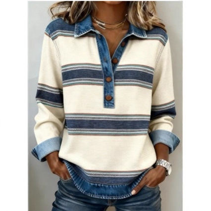 Korean-Style Striped Cable-Knit Preppy-Style Badge Lapel Knit Sweater For Women