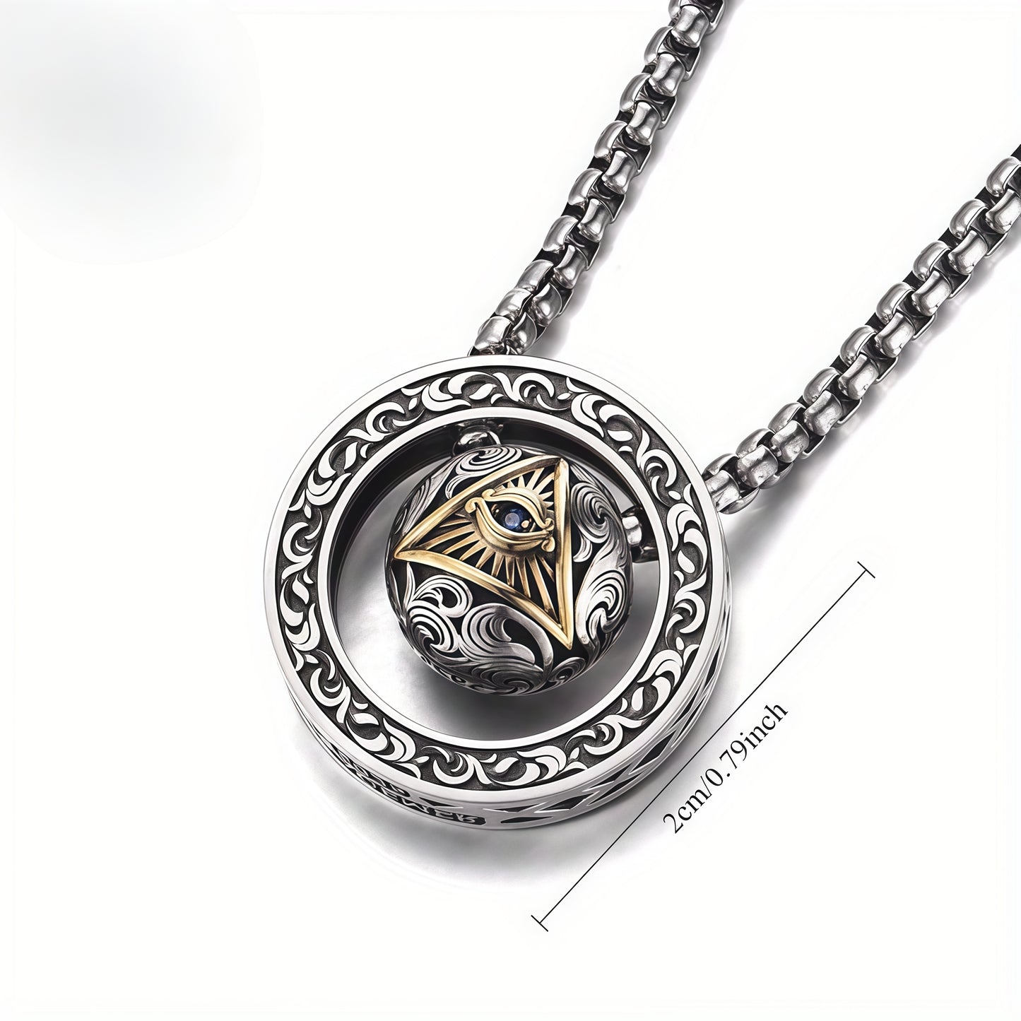 Vintage All-Seeing Eye Rotatable Round Ball Circle Pendant Necklace For Men, Copper Plated Silver Triangular Eye With Blue Zircon Scroll Engraving Punk Amulet Jewelry Gift
