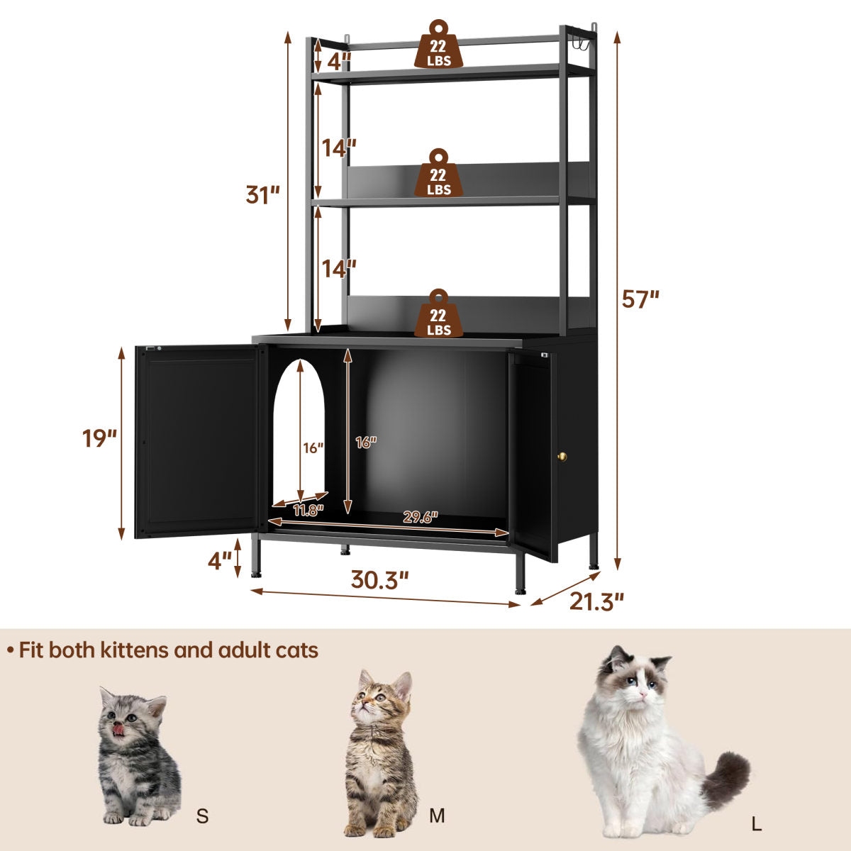 Metal Cat Litter Box Enclosure, 57  Tall Hidden Litter Box Cabinet With 3 Tier Storage Shelves, Large Indoor Cat House With Doors & 4 S-Hooks, Odor Control Pet Washroom Furniture For Large Cats, Black