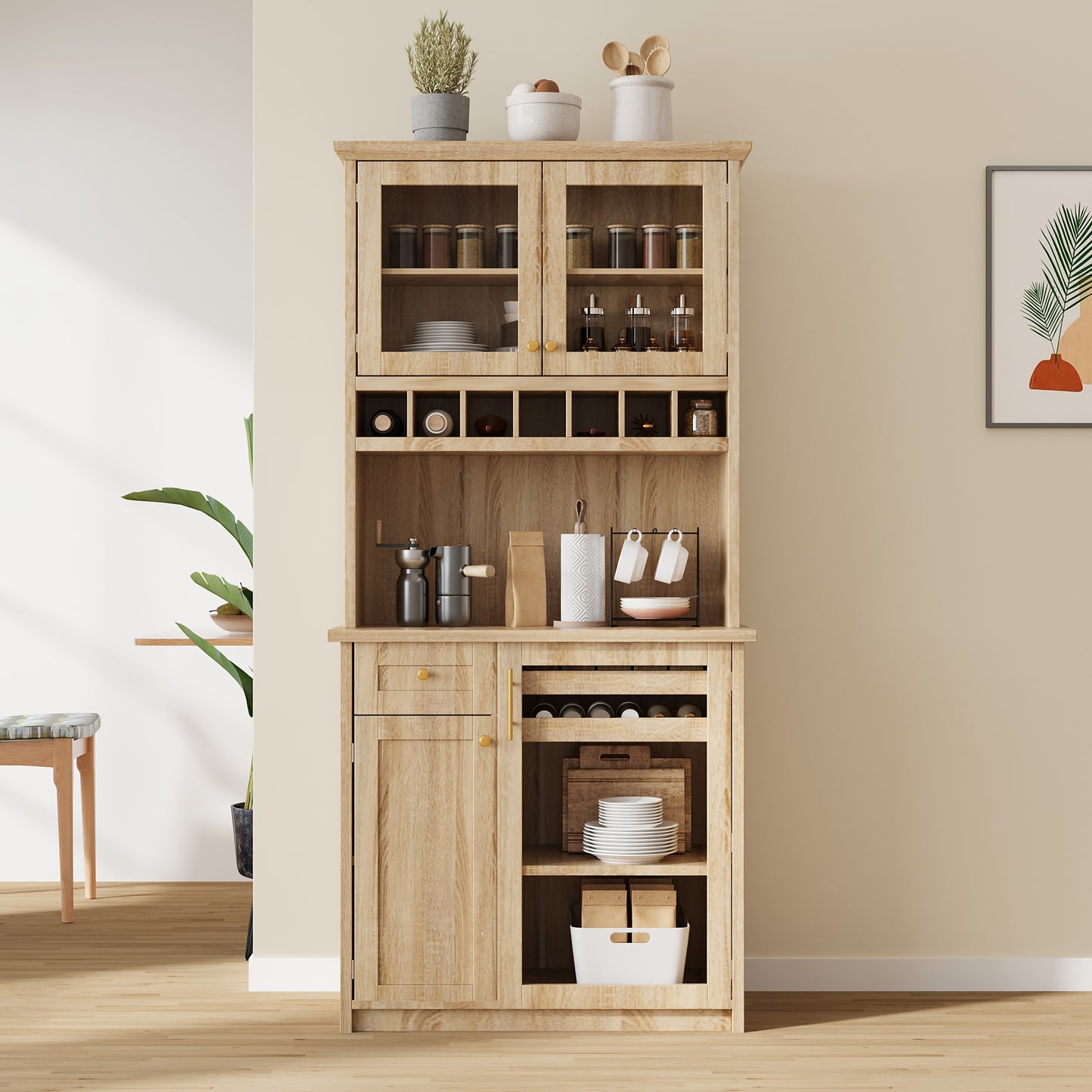 TOPMAx Farmhouse 35.4x17.7x74.8inch Freestanding Buffet With Hutch  Tall Kitchen Pantry Storage Cabinet With Wine Rack And Adjustable Shelves For Dining Room  Natural
