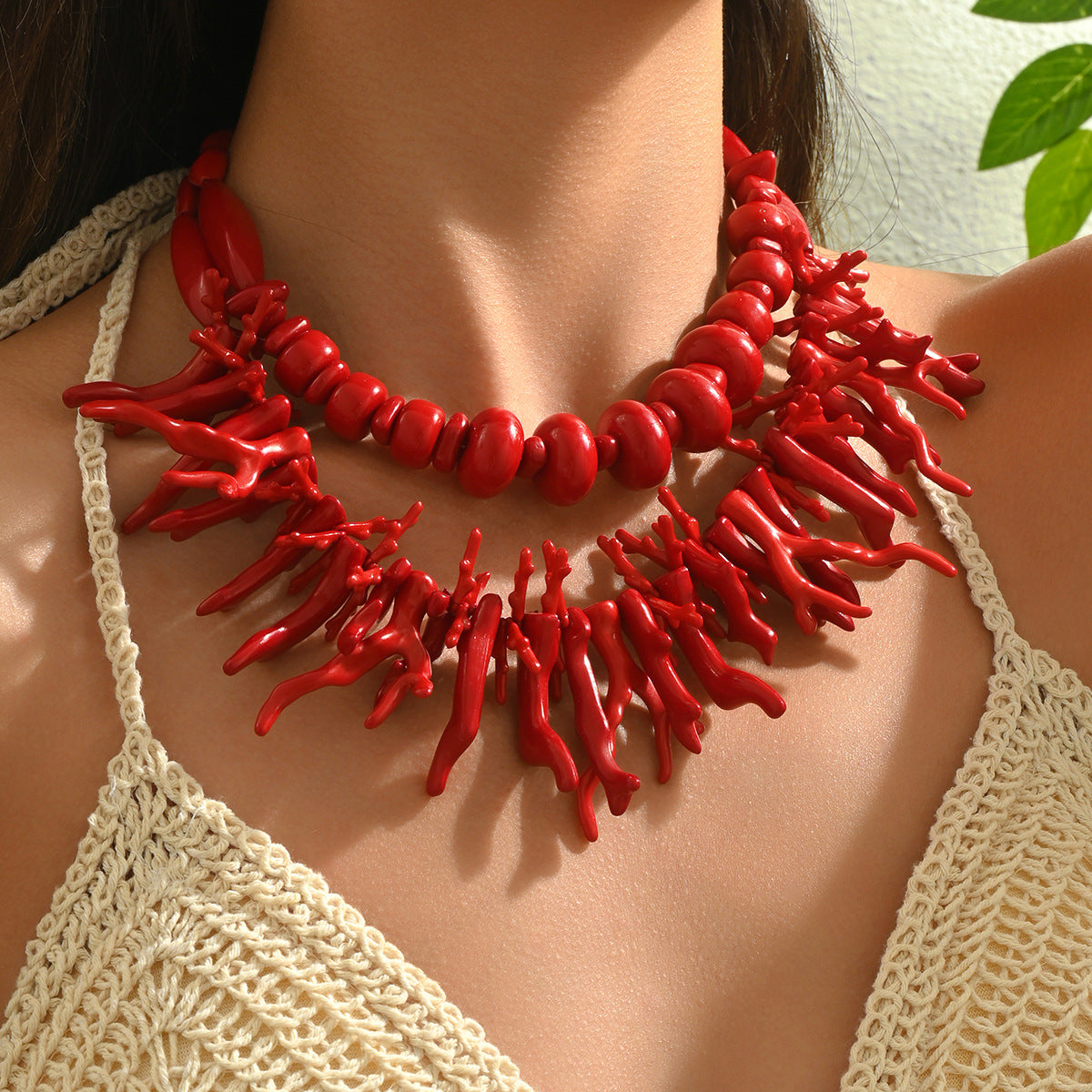 European American Fashion Women Two-Piece Jewelry Set, Versatile Multi-Layer Long Clavicle Necklace With Coral Geometric Pendant, Daily Neck Accessories