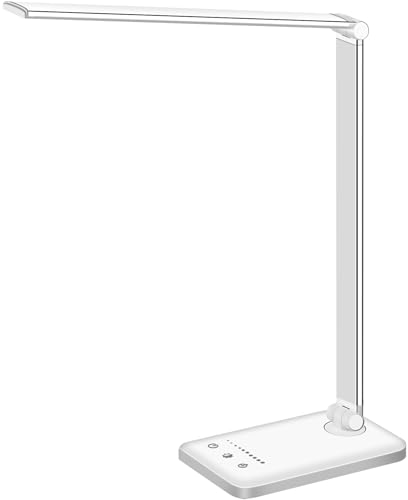 White crown LED Desk Lamp Dimmable Table Lamp Reading Lamp with USB Charging Port, 5 Lighting Modes, Sensitive Control, 3...