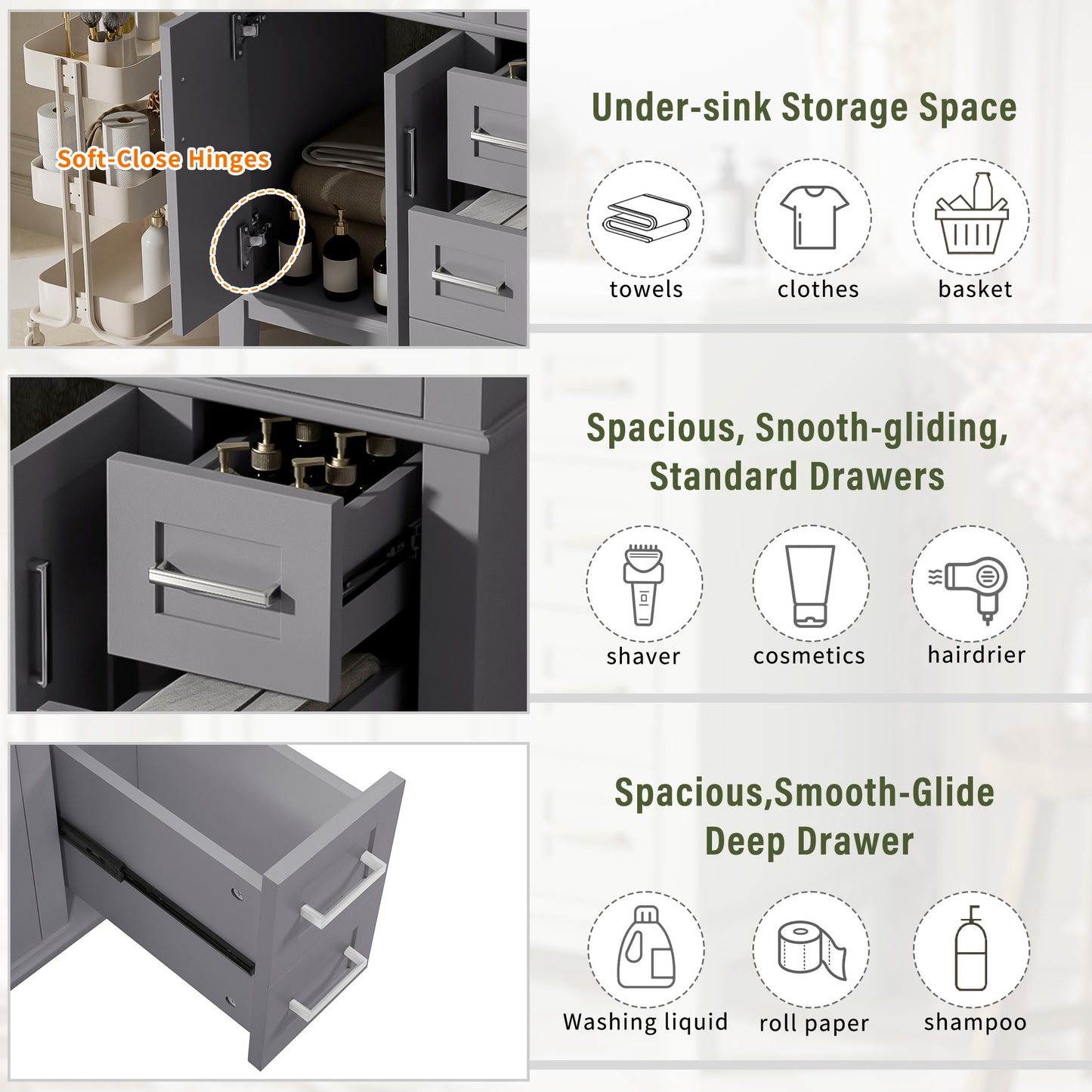 30  Bathroom Vanity With Ceramic Sink, Modern Storage Cabinet With Soft-Close Doors, Deep Drawer & Standard Drawer, Stylish Bath Vanity For Small Bathrooms