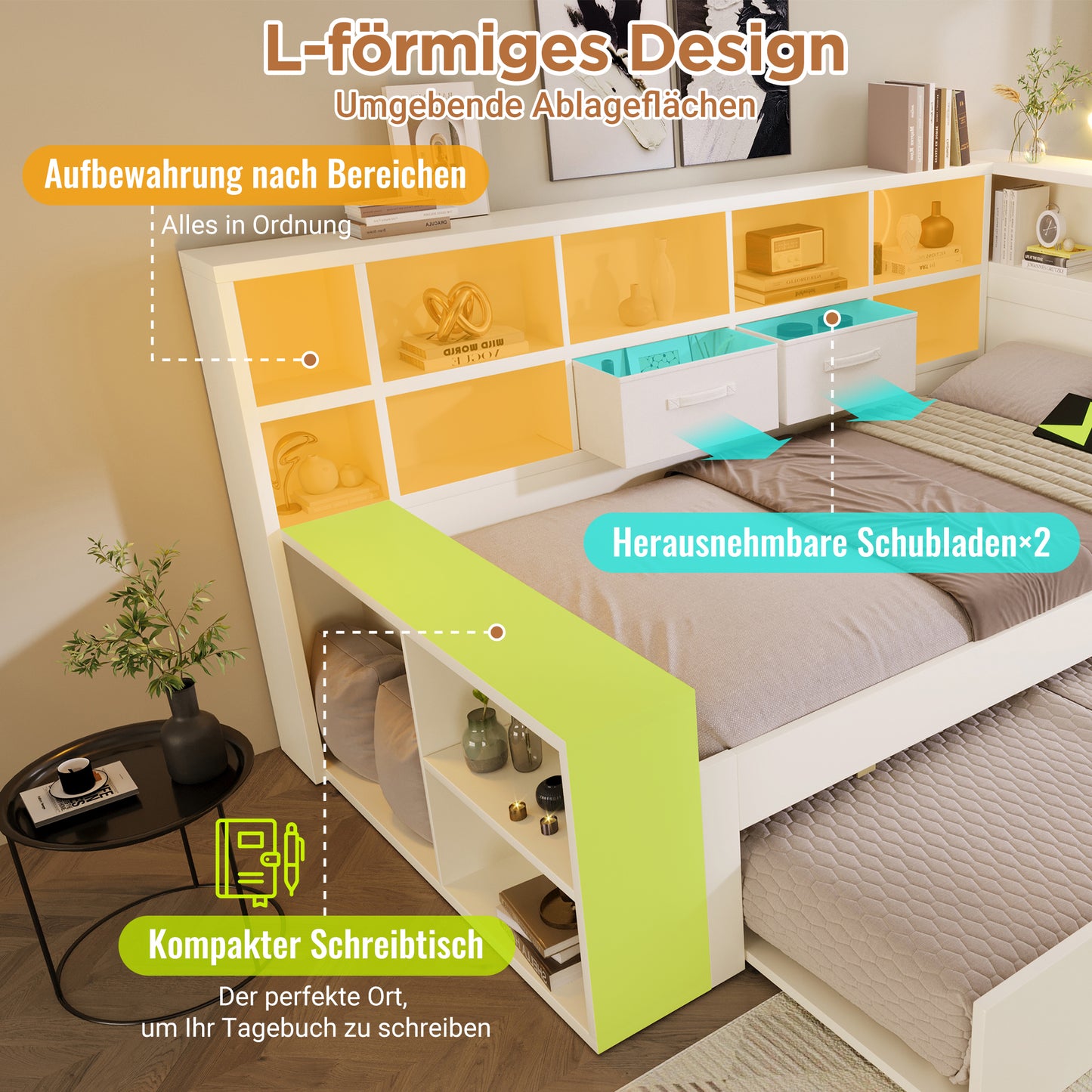AB30394234W Single Bed 90x200 In White, Storage Bed With Pull-out Bed, 3-sided Shelves & Integrated USB Type-C Charging  Functional Bed For The Children's And Teenagers' Room, Without Mattress