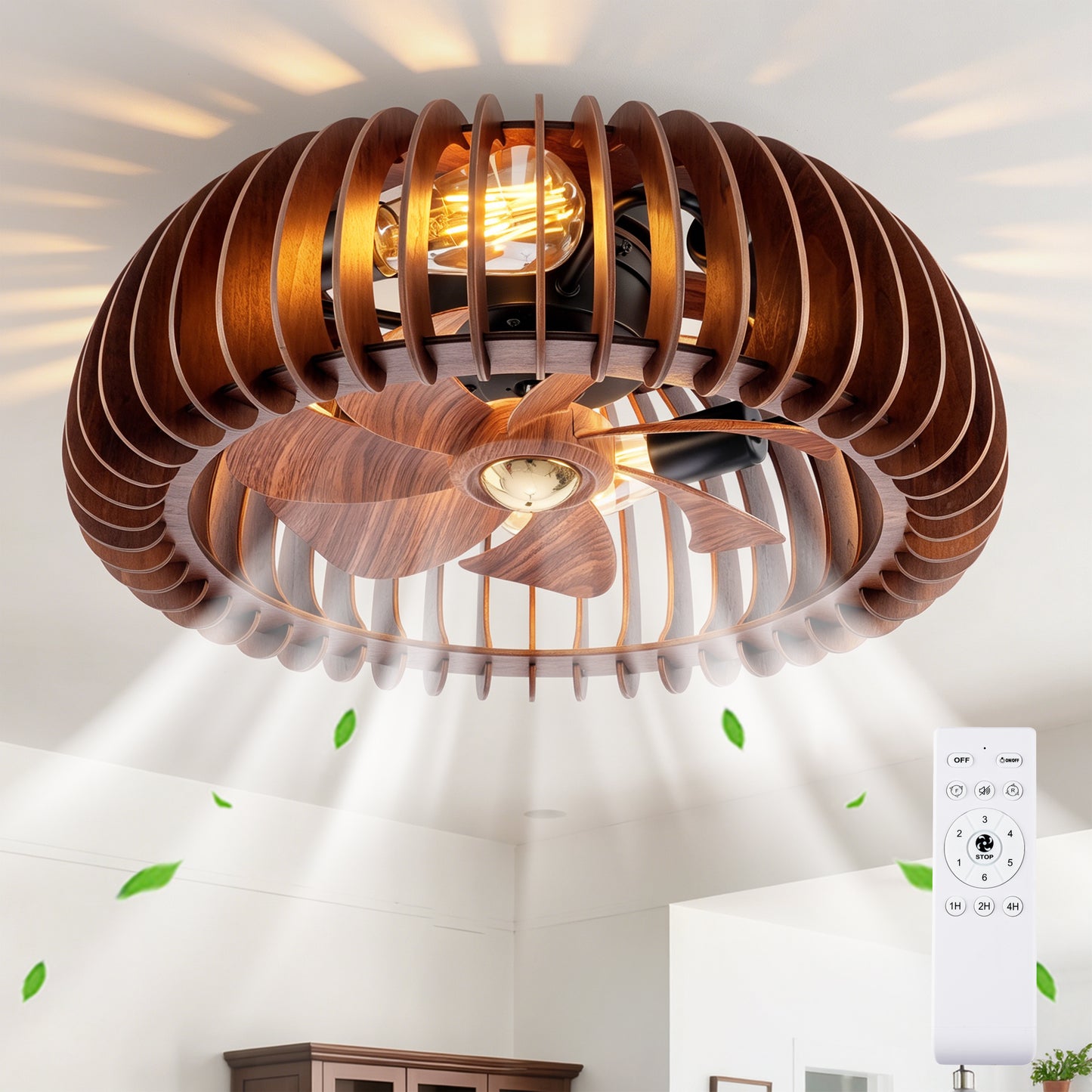 20  Semicircle Modern Flush Mount Fan Light,Ceiling Fans With Lights NO INCLUDED BULBS  And Remote Control, 6 Speeds, Quiet DC Motor For Living Room, Bedroom,Kitchen----Wood