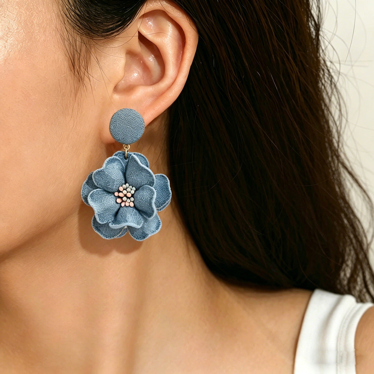 European And American Cross-Border Women's Earrings, Geometric Fabric Flower Pendant Design, High-End Earrings, Niche Fashion Ear Accessories