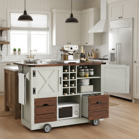 K&K 54  Farmhouse Kitchen Island With Drop Leaf, Power Outlet, Kitchen Storage Cart With 2 Doors, 2 Drawers, Rolling Kitchen Island On 4 Large Wheels With Spice Rack For Kitchen, Dining Room, White