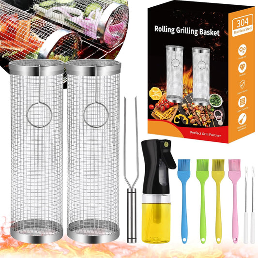 Rolling Grill Basket Grill Gifts For Men, 304 Stainless Steel, All-in-One Grilling Accessories For Vegetable Meat Food, Smoker BBQ Tools For Cooking Camping, Dad Husband Birthday Gifts