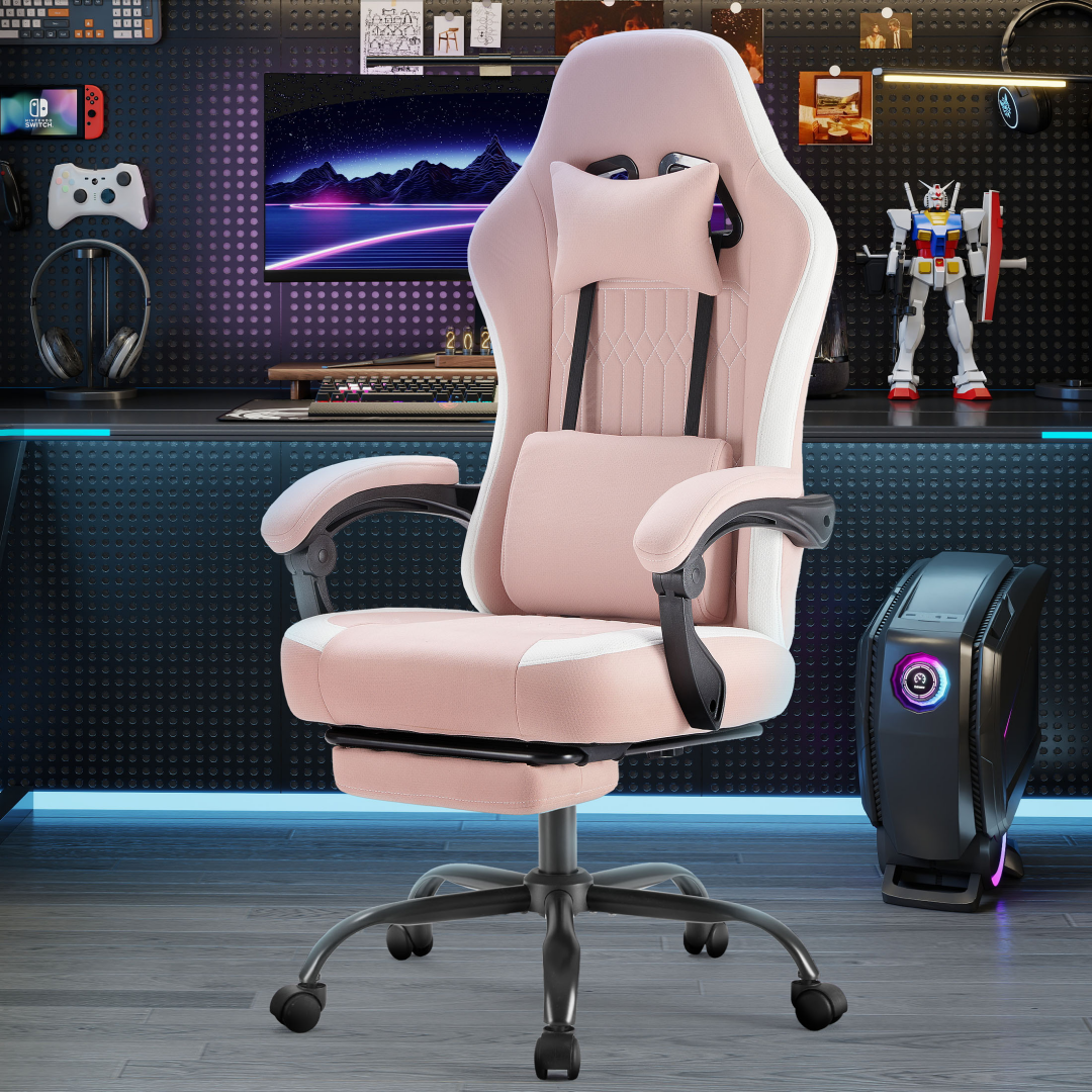 Computer Game Chair - Lumbar Support, Adjustable Height With Armrests And Headrests, 360 Rotating Wheels