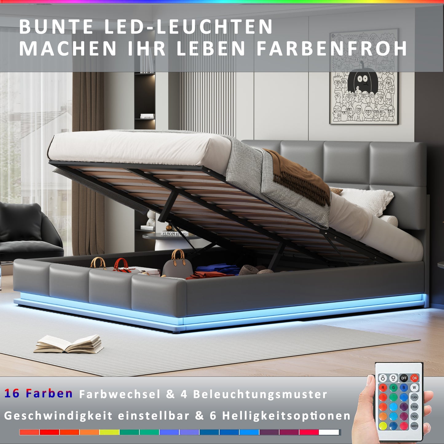 Upholstered Bed 180x200 Cm With LED Lighting & Hydraulically Liftable Bed Storage Space, Bed Base & Slatted Frame Cover Made Of  Leather Double Bed  Youth Bed Light Grey