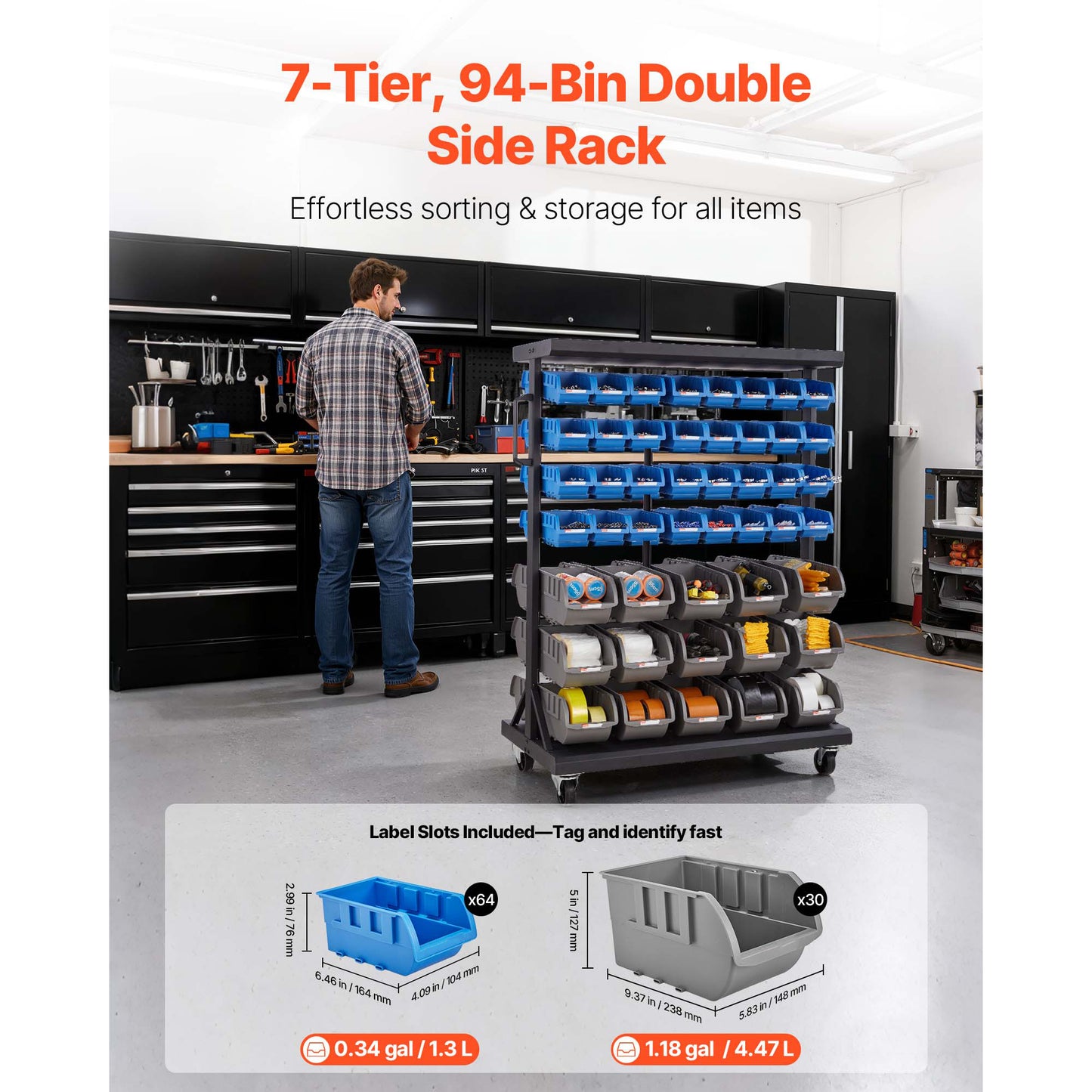 7-Tier Double-Sided Rolling Bin Storage Rack, 94 Plastic Bins, Dual-Sided Parts Organizer With Wheels, Mobile Tool Organizer For Garage, Warehouse, Office, Restaurant, Classroom, Kitchen
