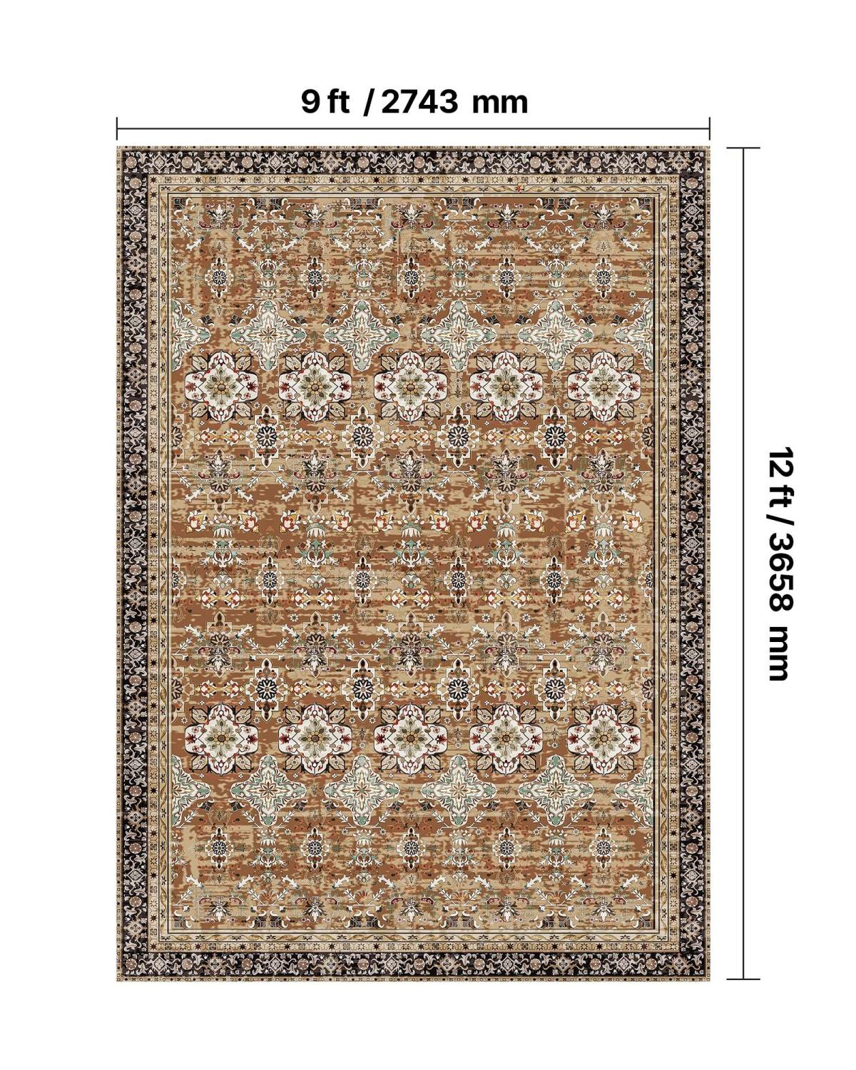 Area Rug, 9 X 12 Ft Large Washable Rug, Non-Slip And Tear-Resistant Soft Carpet, Pet & Child Friendly Vintage Area Rugs, Indoor Mat For Bedroom, Living Room, Kids Room, Office, Brown Green
