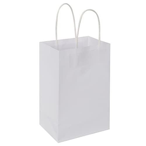 Oikss 100 Pack 5.25x3.25x8.25 Inch Small White Kraft Paper Bags with Handles Bulk for Birthday Wedding Party Favors Grocer...