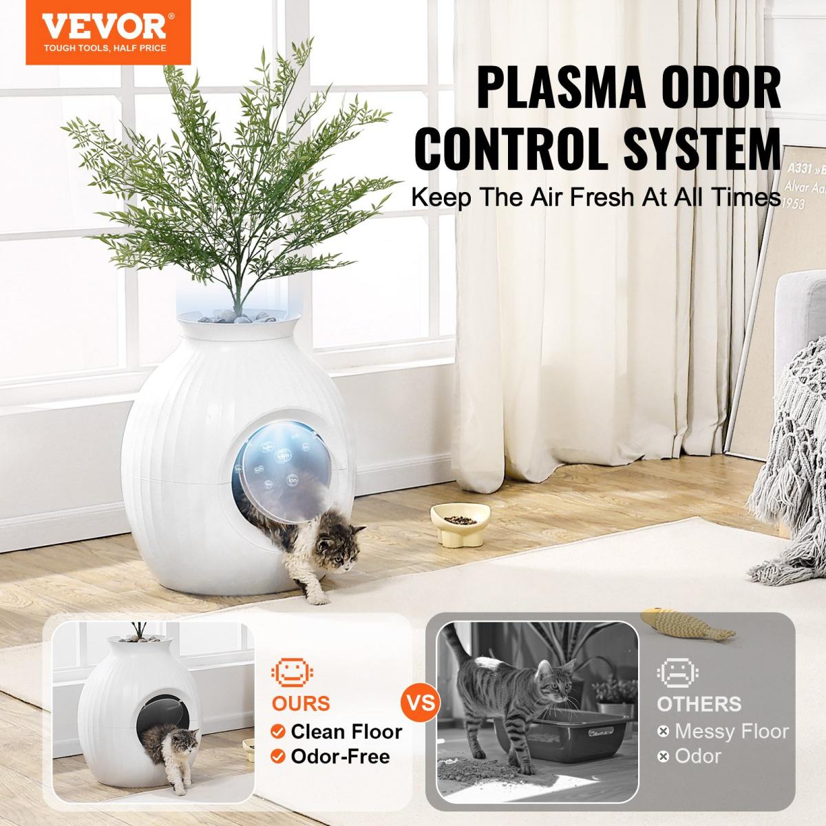 Plant Cat Litter Box, Smart Odor Control System, Hidden Cat Litter Box With 9.48 In Large Entrance, Lighting Decoration & Sturdy ABS Material, Fit For Living Room/Corner/Outdoor Pool/Patio