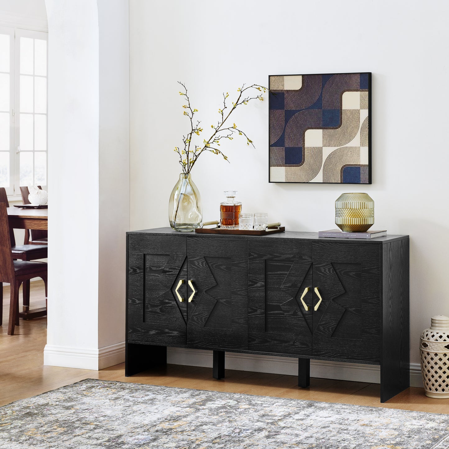 60  Mid Century Modern Sideboard Buffet Cabinet With Storage, TV Media Console, Storage Cabinet With Geometric Pattern & Adjustable Shelves For Kitchen Dining Living Room Entryway Hallway, Black