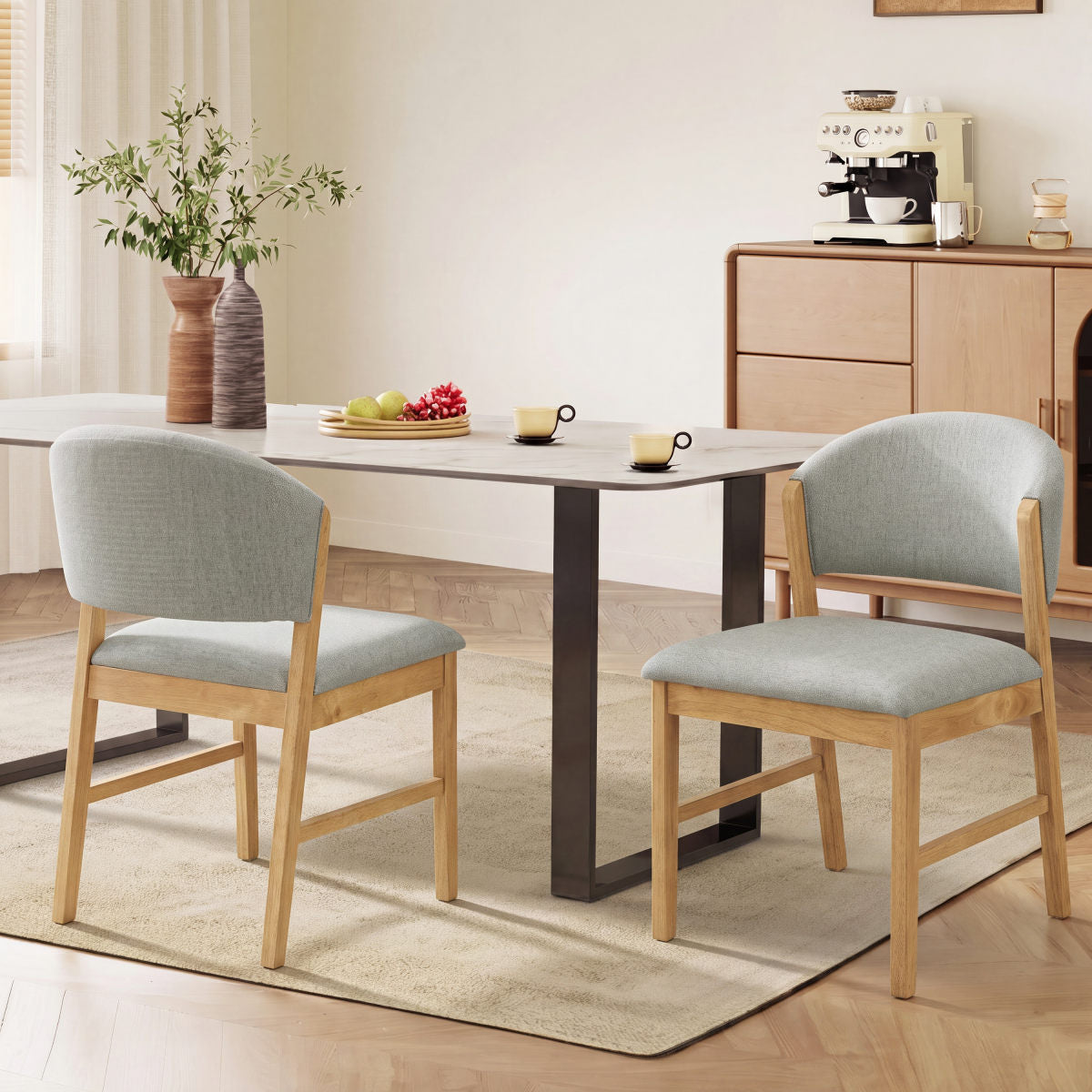 Mid-Century Modern Upholstered Dining Chairs, Rubber Wood Frame Kitchen Chairs with Upholstered(Set of 2), Natural Oak