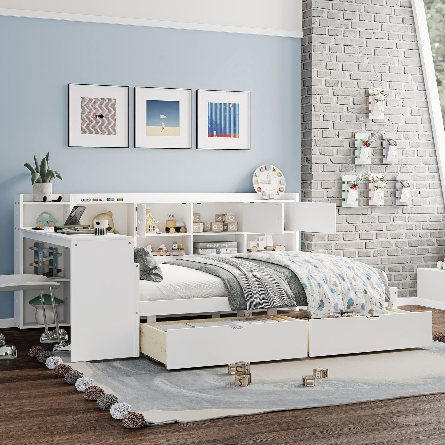 Full Size Wooden L-Shape Daybed With Seven Storage Cabinets And Two Storage Drawers, Multi-functional Bed With Study Desk And Built-in Bookshelf, White Old