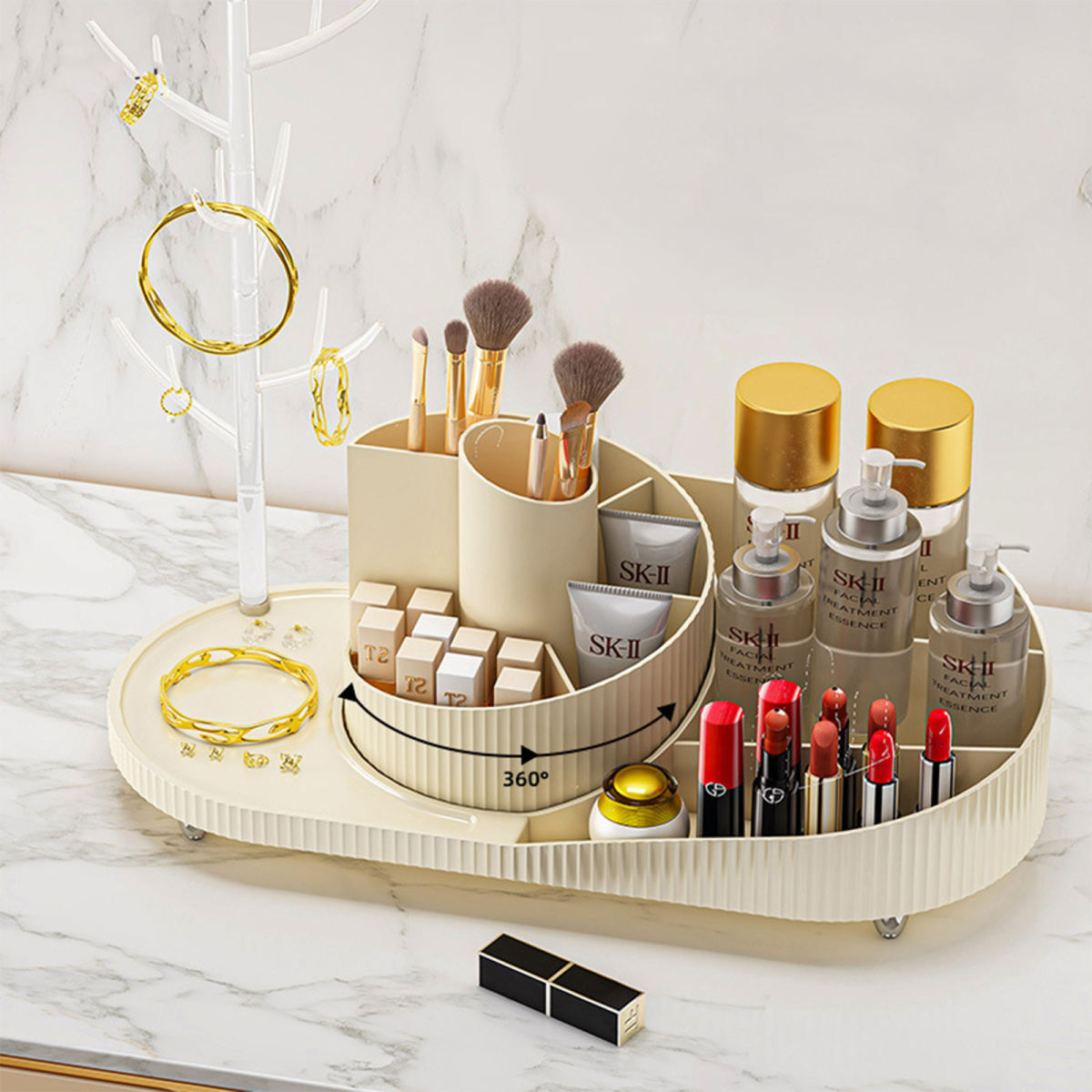 Rotating Makeup Organizer With Jewelry Storage  Large Capacity Cosmetic Display Case Holds 20 Brushes, 10 Lipsticks, 8 Skincare Products 360 Spinning Vanity Organizer For Countertop & Bathroom