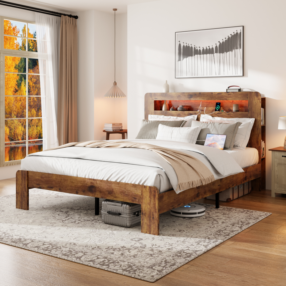 Queen Wood Bed Frame With LED Headboard, 2 USB & Underbed Storage, Dark Brown