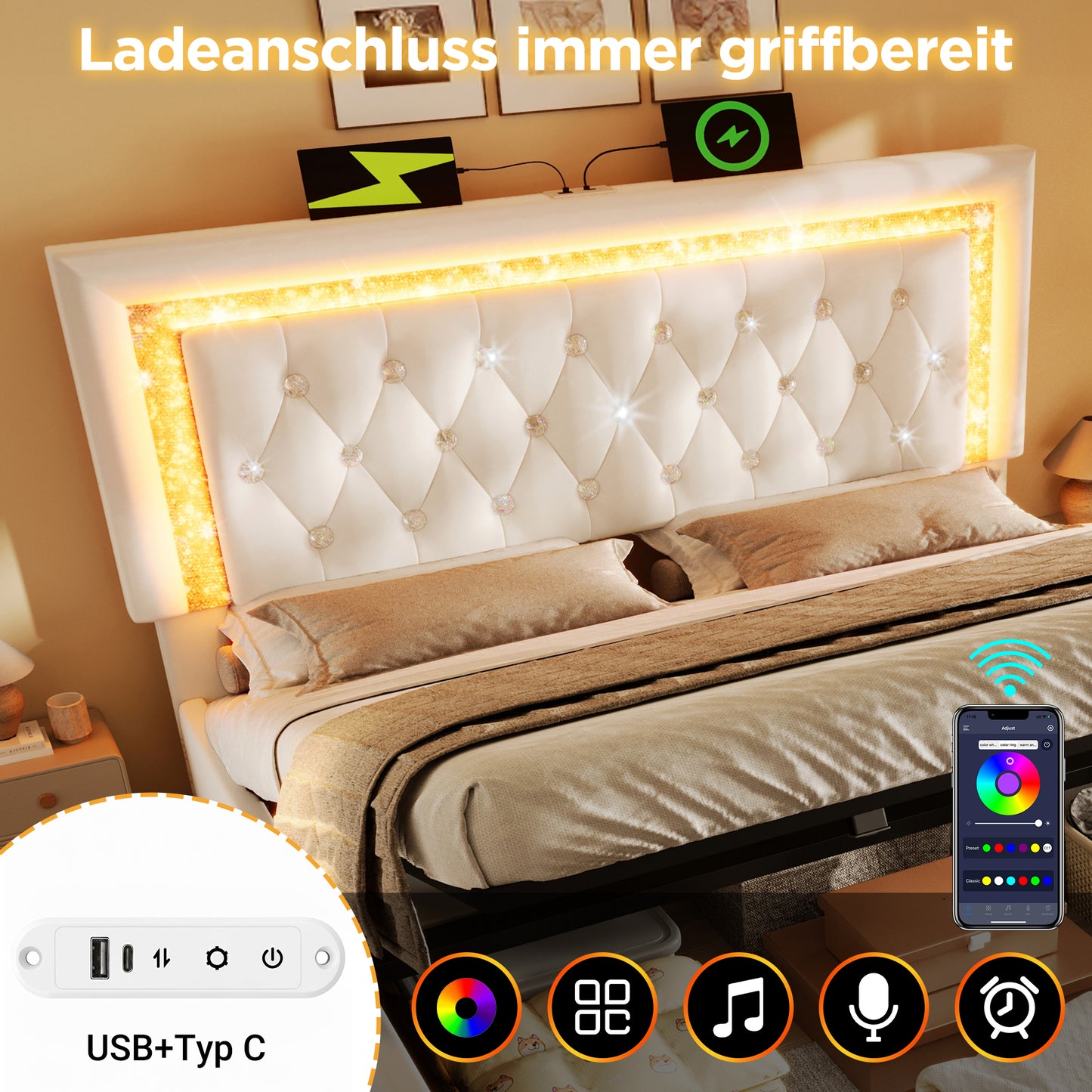 Upholstered Bed 160x200 Cm Velvet Double Bed With LED Diamond Band In The Headboard, USB & Type-C Charging Station, Hydraulic Bed Box, Youth Bed With Storage Space And Slatted Frame, Beige