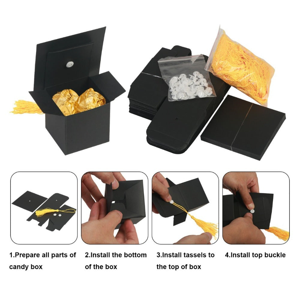 Graduation Cap Candy Boxes, Set Of 30 Graduation Candy Boxes Shaped Like Academic Caps, Gold & Black Party Gift Boxes For High School Graduation & Graduation Party Decorations