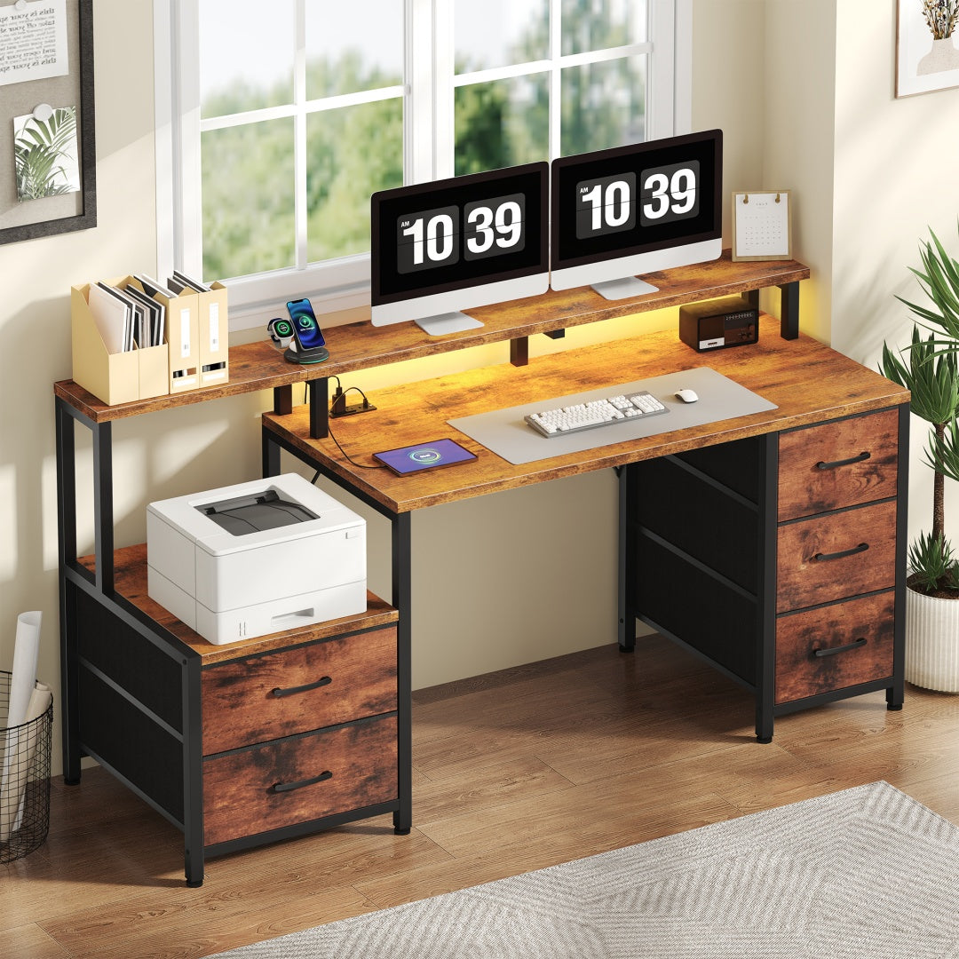 67-inch Computer Desk, Equipped With 5 Drawers And A Monitor Stand. The Gaming Table Comes With LED Lights And Power Sockets. The Printer Cabinet.