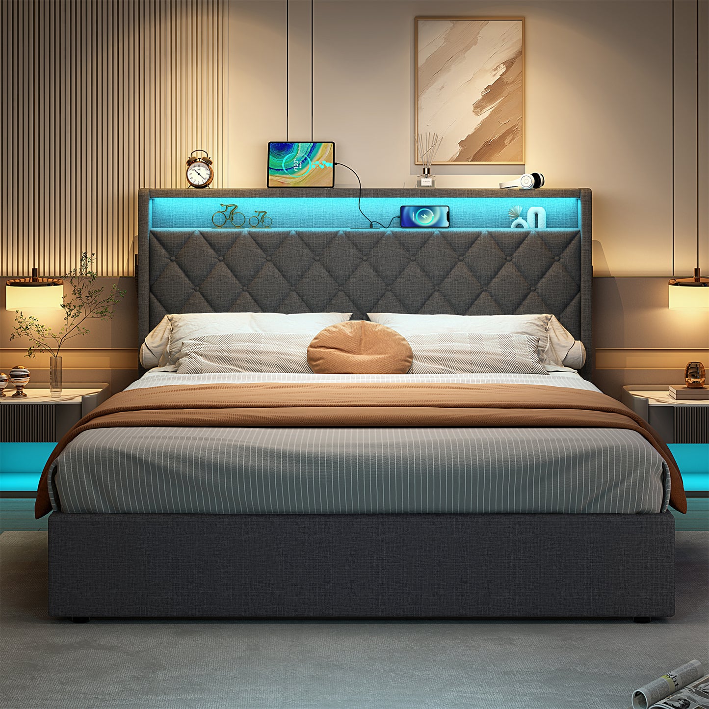 5ft King Upholstered Bed Frame With Hydraulic Storage, Linen Ottoman Bed With LED Lighting, Button Tufted Storage Headboard With Charging Station, No Box Spring Needed, Grey No Mattress