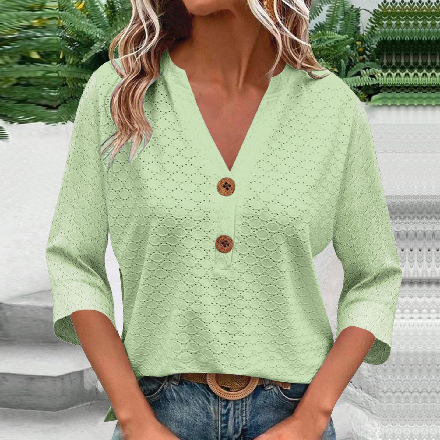New Womens Fashion Casual Solid-color V-neck Long-sleeve Top With Buttons