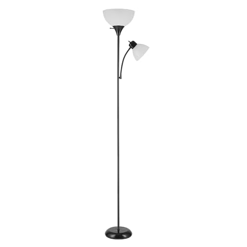 Globe Electric 67135 72" Torchiere Floor Lamp and Adjustable Reading Light, Matte Black, Frosted Shade, Dual Rotary Switc...
