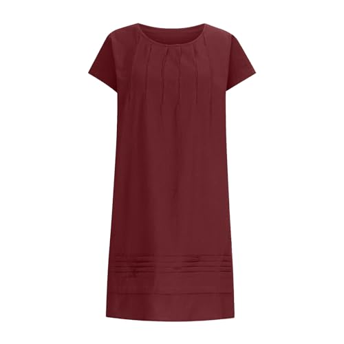 Cotton Linen Dresses for Women Casual Short Sleeve Crew Neck Floral Embroidery Dress Loose Pleated Front Midi Dress