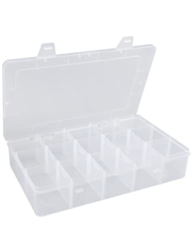 Hlotmeky Plastic Organizer Box with Dividers - Bead Organizer, 15 Large Grids, Clear Snack Box Container