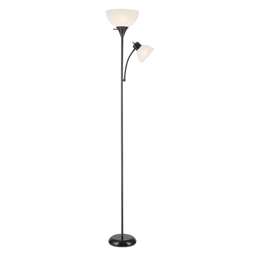 Globe Electric 67135 72" Torchiere Floor Lamp and Adjustable Reading Light, Matte Black, Frosted Shade, Dual Rotary Switc...