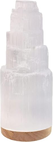 Salt Range Selenite Crystal Lamp 20cm with Wooden Base, USB Powered Natural White Selenite Stone Night Light for Bedroom, ...