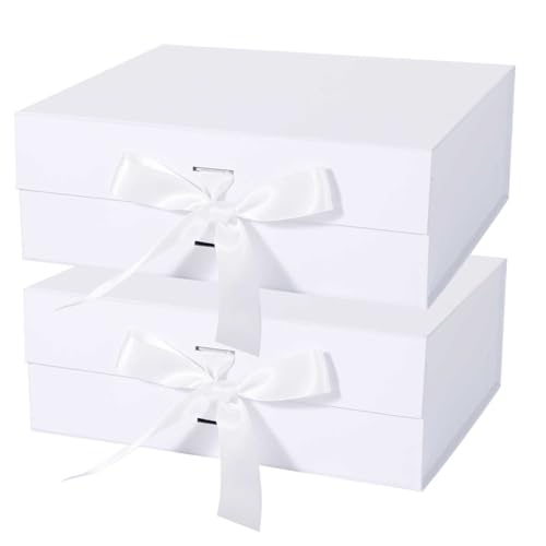 LFBOX White Gift Box with Ribbon Magnetic Lids 10.2x9x3.74 in, Christmas Gift Boxes Bridesmaid Groomsman Proposal Boxes, W...