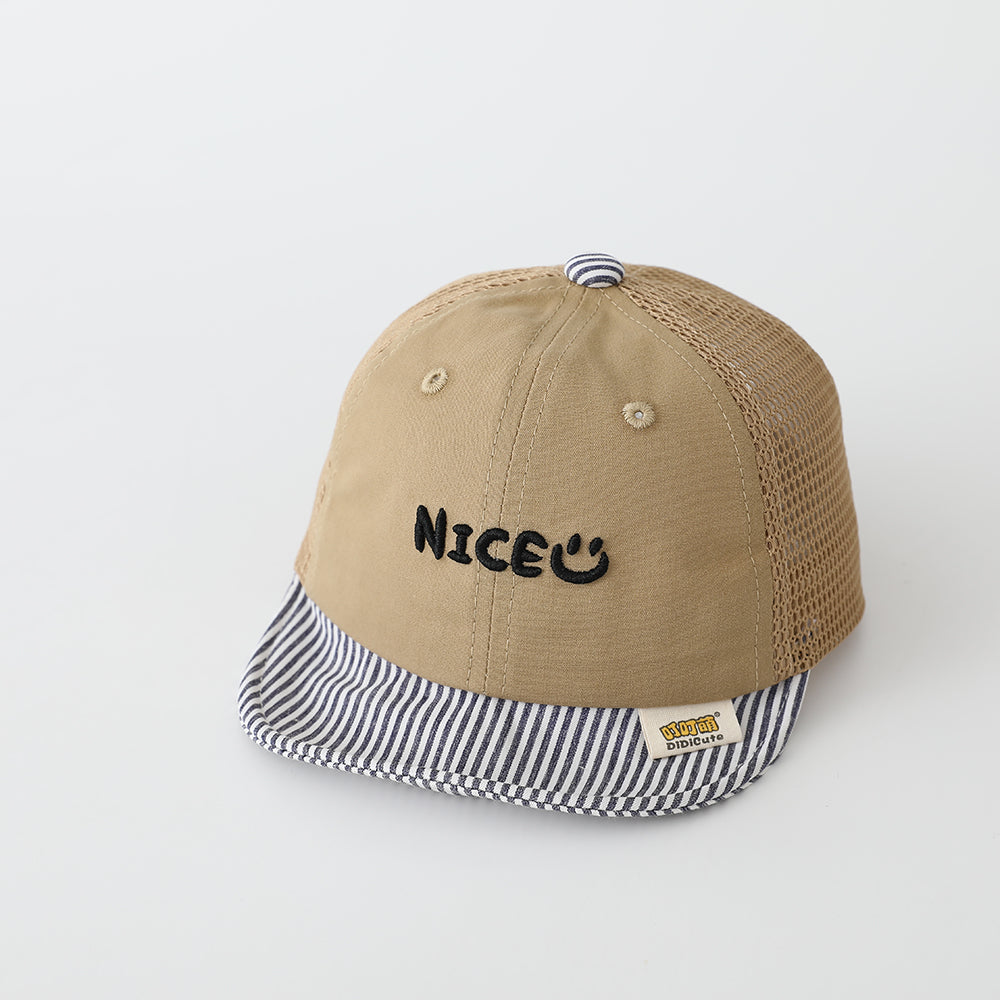 The New Children's Embroidered Letter Smiling Face Striped Soft Brim Net Fabric Breathable Baseball Cap Is Suitable For Babies' Daily Activities.