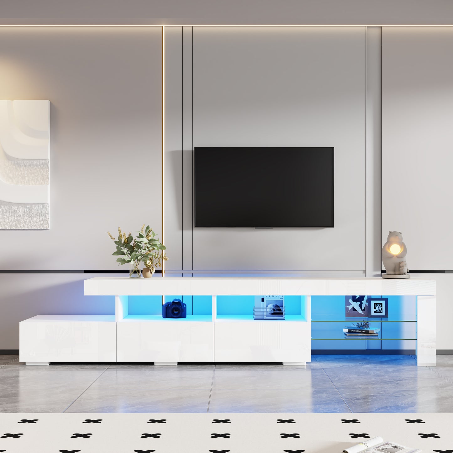 TV Cabinet With LED Lighting, High-gloss Front, Three Drawers, Suitable For TVs Up To 75 Inches, Suitable For Living Room, Bedroom And Dining Room, White, 180 X 35 X 45 Cm