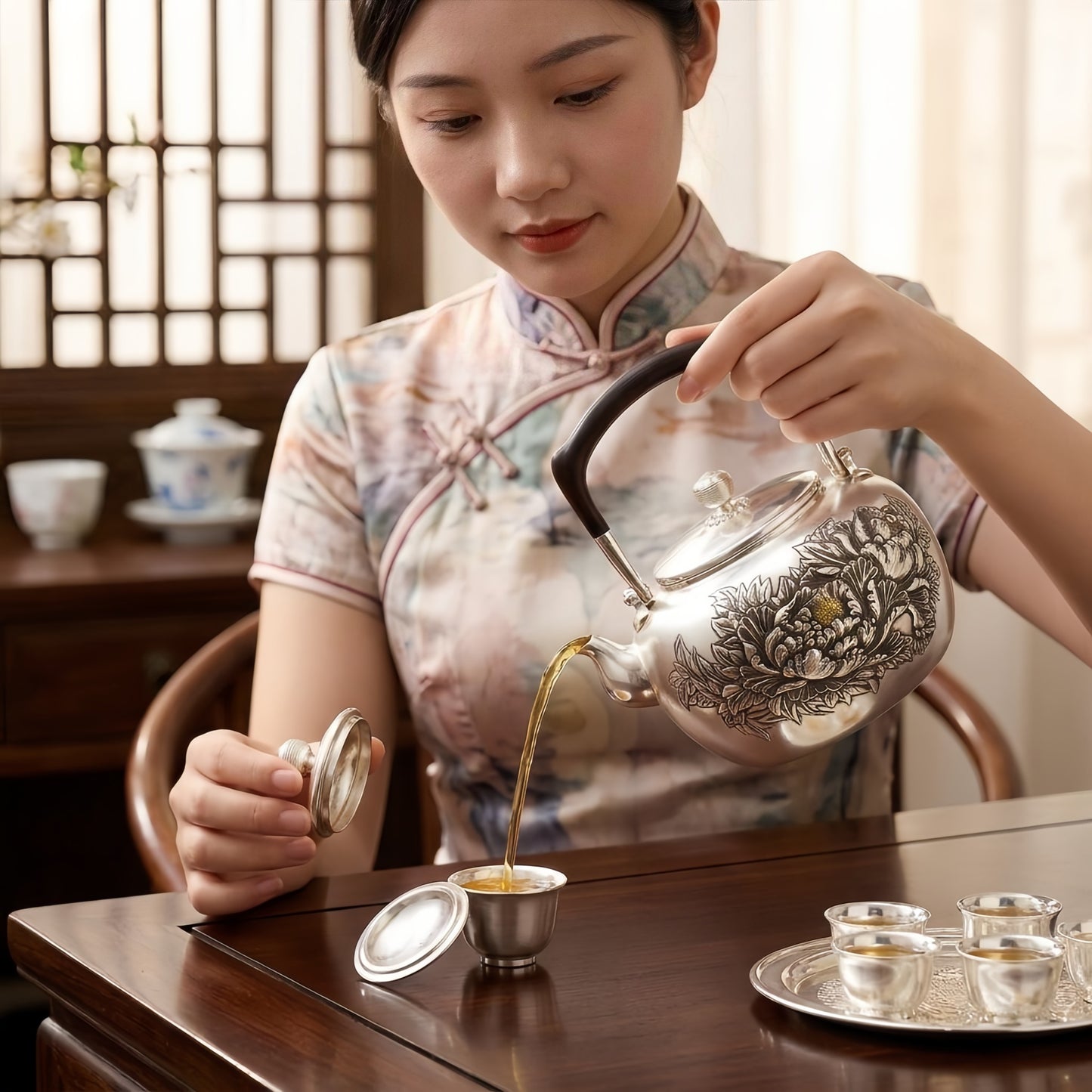 Pure 999 Fine Silver Handcrafted Silver Floral Tea Kettle with Sandalwood Handle and Ornate Peony Engraving - Handicraft