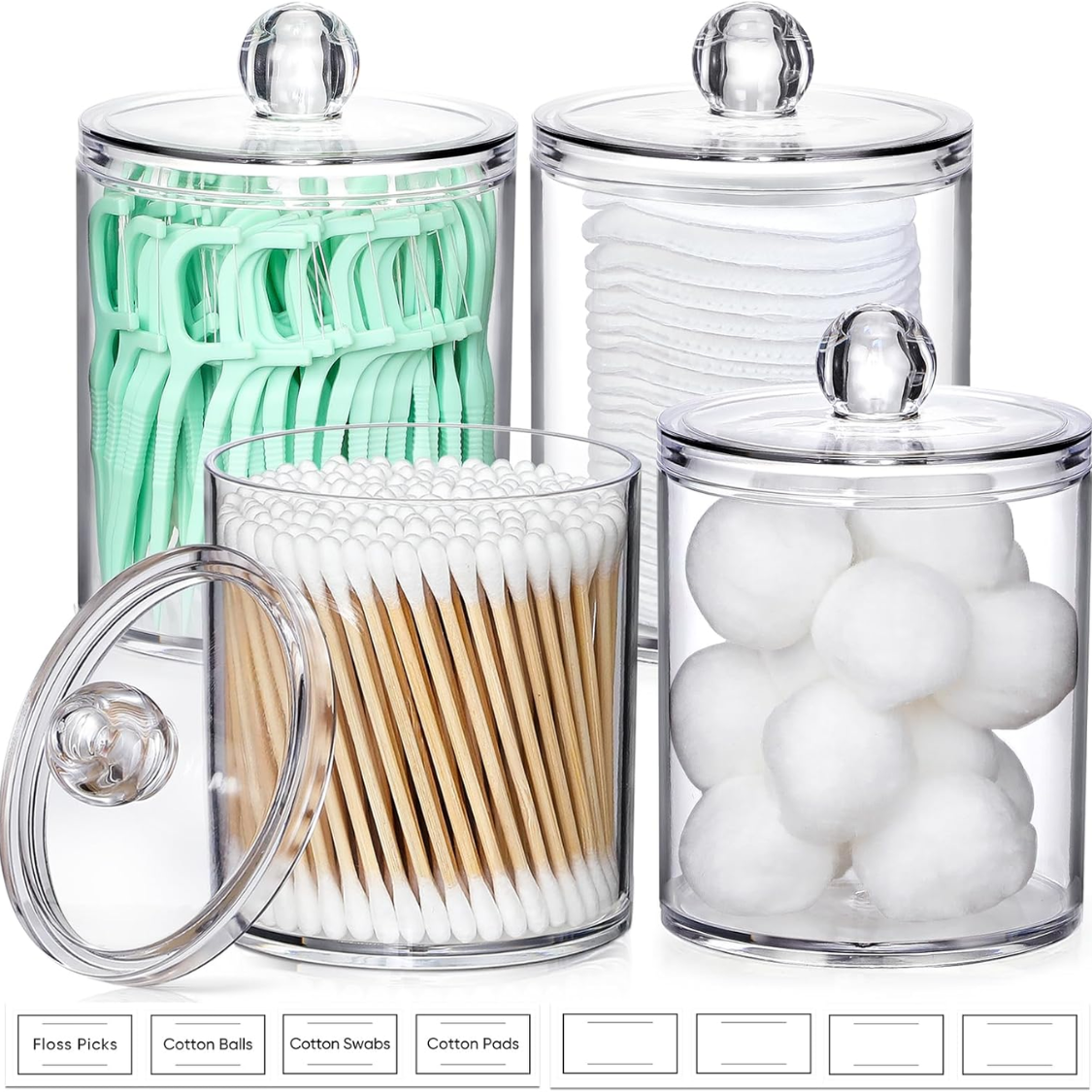 4 Pack Acrylic Qtip Holder Dispenser For Cotton Swabs, Balls, Pads, Floss Picks- Small Clear Acrylic Canister Apothecary Jar Set, Bathroom