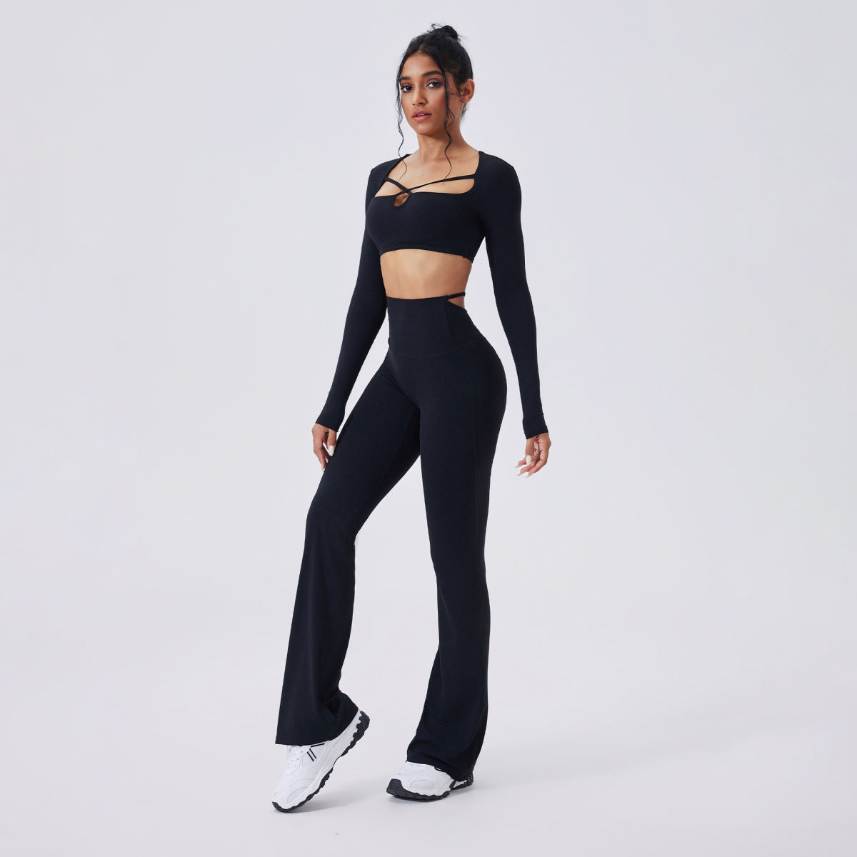 Color-blocking Yoga Hollow-out Slim-fit High-waist Flared Pants Long Sleeve Set