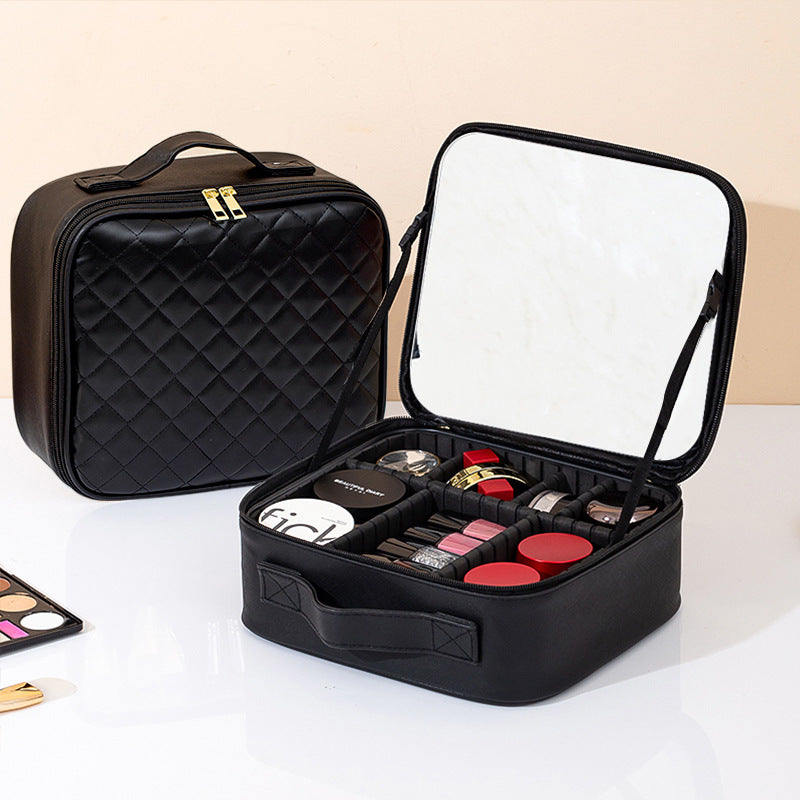 Makeup Bag With Mirror And Light Rechargeable PU Leather Travel Storage Box