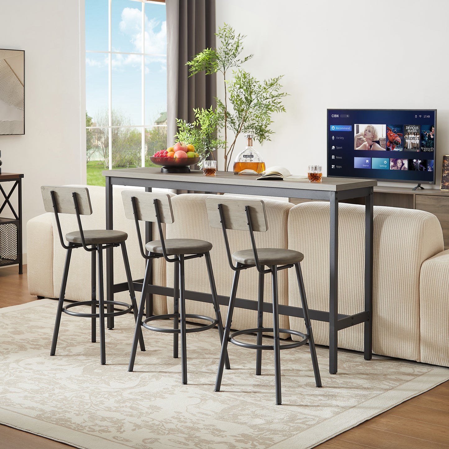 Long Bar Table With 3 Upholstered PU Bar Stools, Industrial Bar Table And Chairs For Kitchen, Breakfast Room, Living Room, Banquet Hall, In Rustic Gray And Black