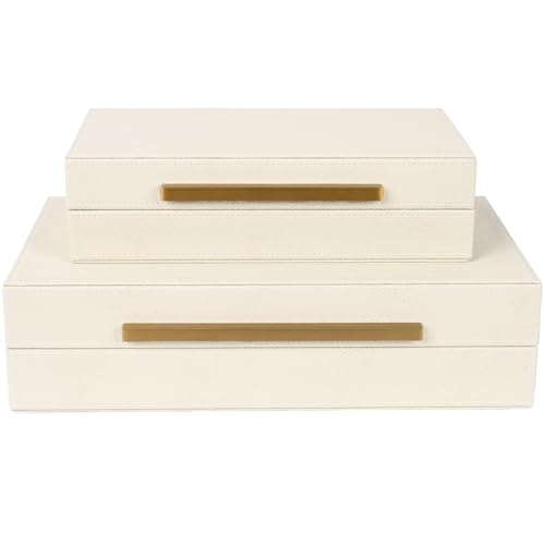 ZIKOUL Beige Shagreen Decorative Storage Boxes – Set of 2 Faux Leather Jewelry & Memory Boxes with Gold Metal Handles, Nes...