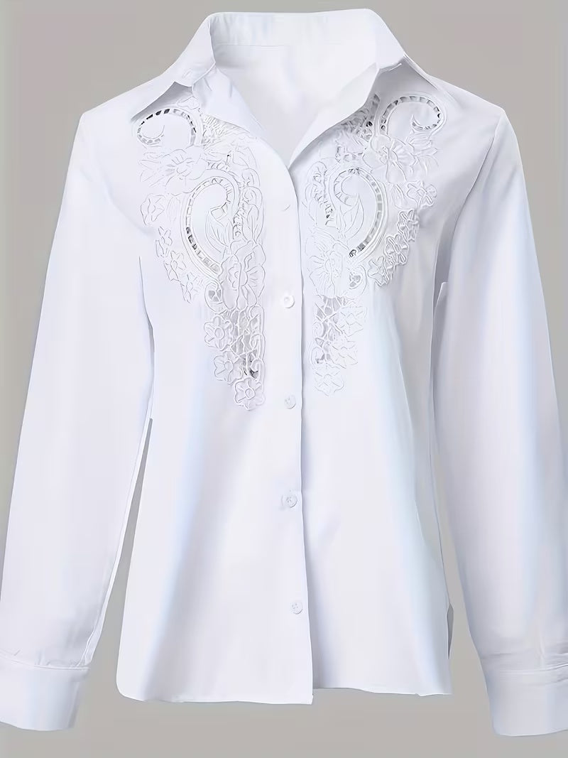 Plus Size  Women'S Plus Size Casual Fashion Temperament Elegant Comfortable Commute Vacation Versatile Embroidered Hollow Craft Solid Color Long Sleeve Shirt